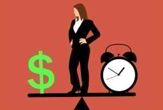 A illustration of a business woman standing on scales, balancing a US dollar symbol on one side and a clock on the other.