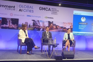 Christine Bellamy, interim director general, Digital Products Group, Government Digital Service and Shaukat Ali Khan, executive chief digital and information officer (CDIO) and executive director, NHS West Yorkshire Integrated Care Board and Integrated Care System, speaking at Global AI Cities/