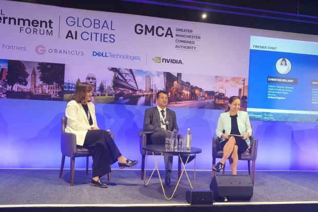 Christine Bellamy, interim director general, Digital Products Group, Government Digital Service and Shaukat Ali Khan, executive chief digital and information officer (CDIO) and executive director, NHS West Yorkshire Integrated Care Board and Integrated Care System, speaking at Global AI Cities/