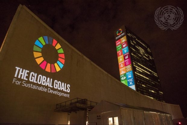 United Nations Sustainable Development Goals projected on the UN's Secretariat building and the west façade of the General Assembly building at the UN Headquarters. Photo: United Nations