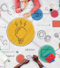 A illustration of people drawing ideas on paper.