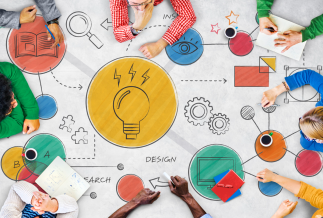A illustration of people drawing ideas on paper.