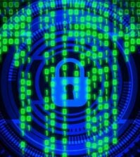 Pad lock symbol with bright green code backdrop
