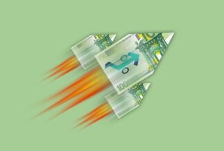 An illustration of a euro currency note shaped like a rocket