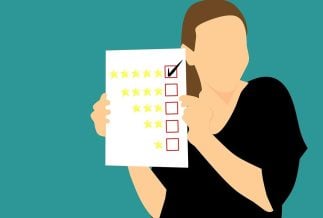 An illustration of a woman with a feedback form